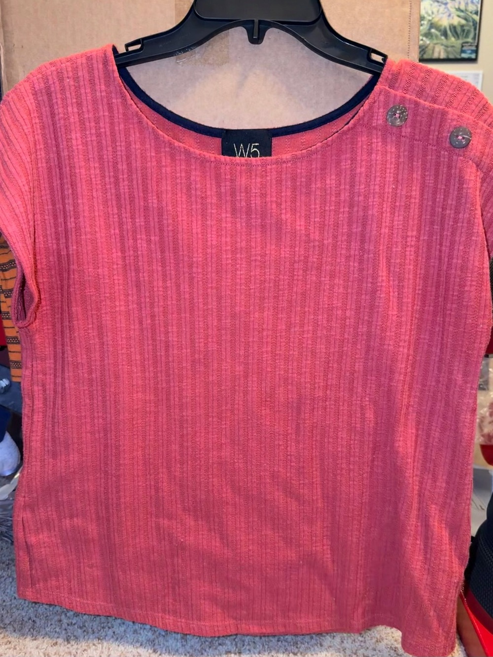 W5 Red Short Sleeve Ribbed Top with Shoulder Buttons